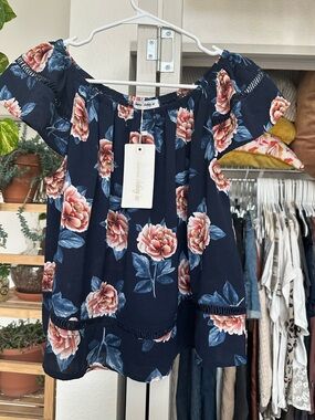 Floral Off-Shoulder Women's Top - Navy with Pink Roses